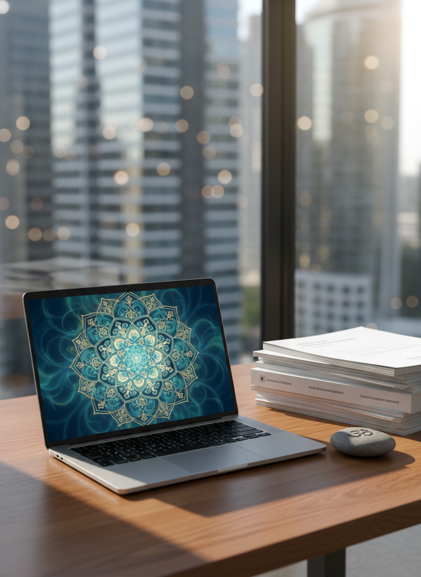 An open laptop with a luminous, abstract mandala screensaver in cool blues and soft golds rests on a warm oak desk in a modern corner office. Beside it lies a neatly stacked pile of clinical research reports bound in white, and a single smooth river stone engraved with a tiny Om symbol. A cityscape of glass towers is visible through a large window, defocused into gentle bokeh. Late afternoon light enters at an angle, creating delicate reflections on the laptop’s metallic body and soft shadows beneath the objects. The mood is quietly focused and reflective. Captured from a slightly elevated perspective with photographic realism, the composition uses the rule of thirds, balancing scientific precision with subtle spiritual symbolism in a clean, professional environment.