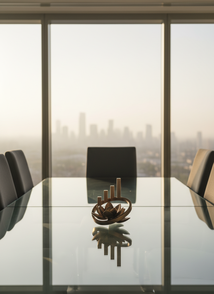 A sleek glass conference table arranged in a precise rectangle, its polished surface reflecting a small bronze sculpture of an open lotus intertwined with a minimalist bar chart icon. Around the table, high-backed charcoal chairs sit neatly pushed in, while in the background, floor-to-ceiling windows reveal a hazy city skyline at dawn. Soft morning sunlight filters through, casting elongated, gentle shadows and subtle golden highlights on the glass and metal elements. The atmosphere is calm and contemplative, suggesting clarity amid complexity. Photographic realism, shot at eye level with a shallow depth of field, keeps the lotus sculpture in sharp focus while the corporate surroundings blur into a tranquil, modern backdrop, symbolizing spirituality grounded in the business world.